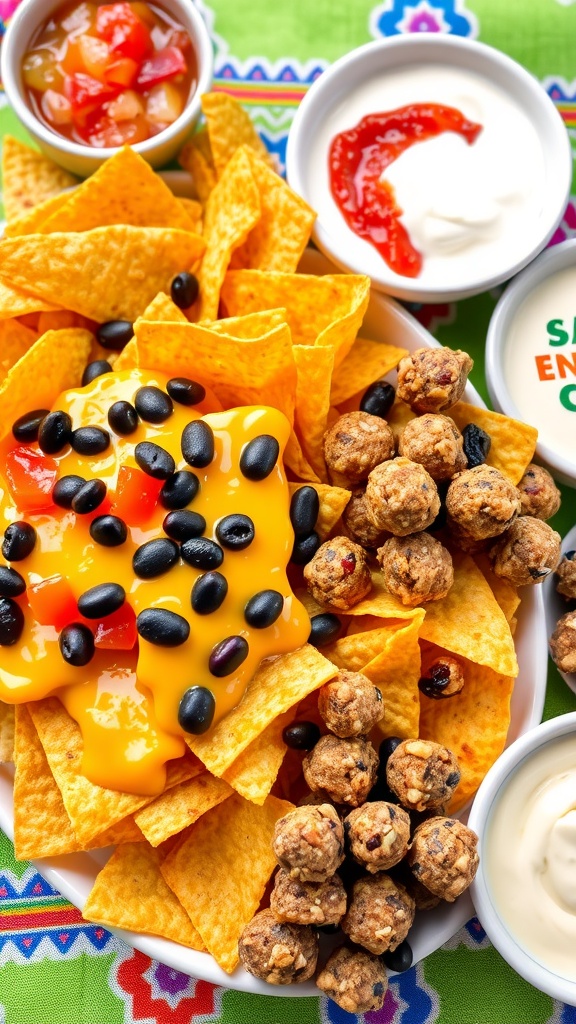 A variety of snacks including cheesy nachos and energy bites on a colorful table.